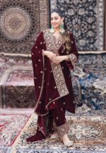 Luxnetics Designer Embroidery Work Velvet Kurti Pant Dupatta Set (Ready to Wear)