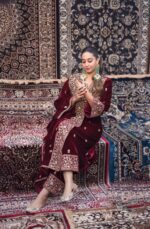 Luxnetics Designer Embroidery Work Velvet Kurti Pant Dupatta Set (Ready to Wear) - Image 2