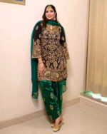 Luxnetics Designer Sequence Embroidery Work Velvet Kurti Pant Dupatta Set (Ready To Wear)