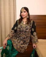 Luxnetics Designer Sequence Embroidery Work Velvet Kurti Pant Dupatta Set (Ready To Wear) - Image 2