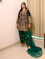 Luxnetics Designer Sequence Embroidery Work Velvet Kurti Pant Dupatta Set (Ready To Wear) - Image 3