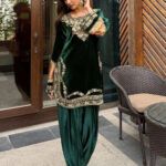 Luxnetics Original Sequence Embroidery Work Designer Party Wear Velvet Kurti Pant Dupatta Set (Ready To Wear)