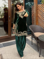 Luxnetics Original Sequence Embroidery Work Designer Party Wear Velvet Kurti Pant Dupatta Set (Ready To Wear)