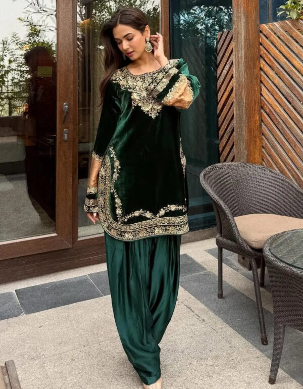 Luxnetics Original Sequence Embroidery Work Designer Party Wear Velvet Kurti Pant Dupatta Set (Ready To Wear)