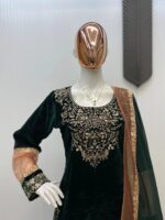 Luxnetics Original Sequence Embroidery Work Designer Party Wear Velvet Kurti Pant Dupatta Set (Ready To Wear) - Image 6