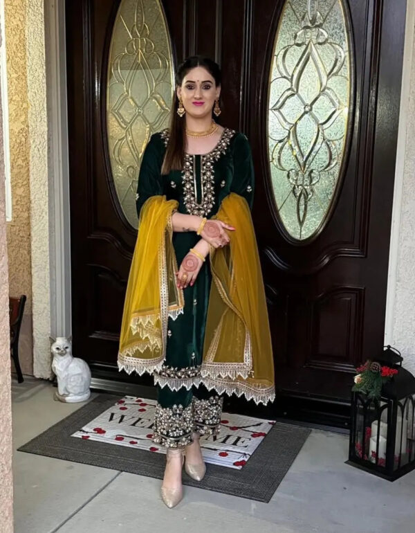 Luxnetics Originals Sequence Embroidery with Moti Work Designer Party Wear Velvet Kurti Pant Dupatta Set (Ready to Wear)