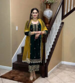 Luxnetics Originals Sequence Embroidery with Moti Work Designer Party Wear Velvet Kurti Pant Dupatta Set (Ready to Wear) - Image 3