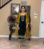 Luxnetics Originals Sequence Embroidery with Moti Work Designer Party Wear Velvet Kurti Pant Dupatta Set (Ready to Wear) - Image 2