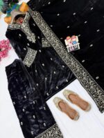 Luxnetics Premium Designer Embroidery Work Velvet Kurti Pant Dupatta Set (Ready to Wear) - Image 10