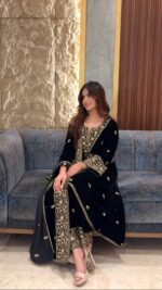 Luxnetics Premium Designer Embroidery Work Velvet Kurti Pant Dupatta Set (Ready to Wear) - Image 2