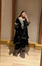 Luxnetics Premium Designer Embroidery Work Velvet Kurti Pant Dupatta Set (Ready to Wear)