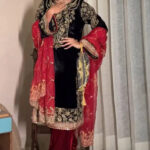 Luxnetics Sequence Embroidery Work Designer Velvet 3Pc Kurti Pant Dupatta Set ( Ready to Wear)