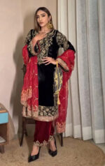 Luxnetics Sequence Embroidery Work Designer Velvet 3Pc Kurti Pant Dupatta Set ( Ready to Wear)