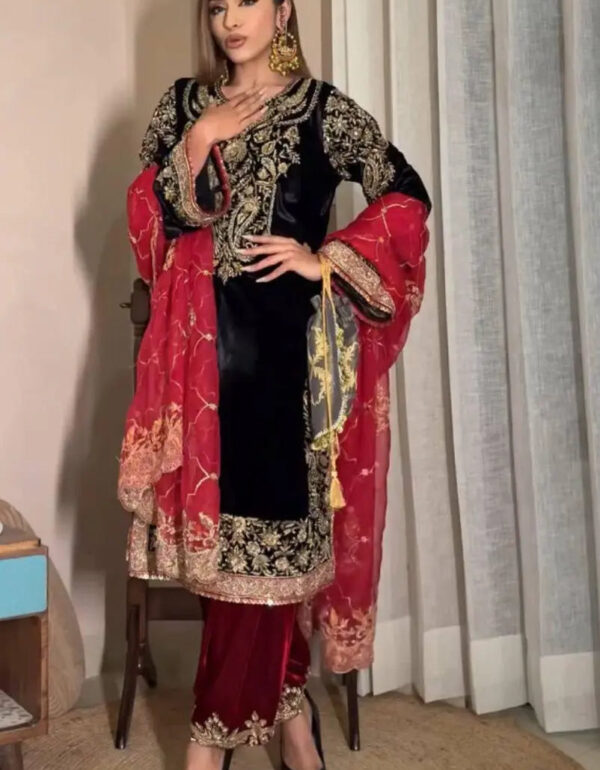 Luxnetics Sequence Embroidery Work Designer Velvet 3Pc Kurti Pant Dupatta Set ( Ready to Wear)