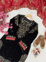 Luxnetics Sequence Embroidery Work Designer Velvet 3Pc Kurti Pant Dupatta Set ( Ready to Wear) - Image 5
