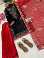 Luxnetics Sequence Embroidery Work Designer Velvet 3Pc Kurti Pant Dupatta Set ( Ready to Wear) - Image 3