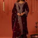 Luxnetics Sequence Work Designer 3 Pc Velvet Kurti Pant Dupatta Set for Womens (Ready To Wear)