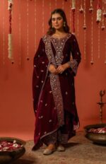 Luxnetics Sequence Work Designer 3 Pc Velvet Kurti Pant Dupatta Set for Womens (Ready To Wear)