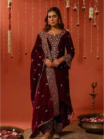 Luxnetics Sequence Work Designer 3 Pc Velvet Kurti Pant Dupatta Set for Womens (Ready To Wear) - Image 3