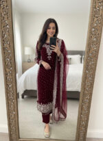 Luxnetics Moti Work Designer Ready to Wear Velvet Kurti Pant Dupatta Set - Image 4