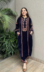 Designer Embroidery work Velvet Kurti Pant Set (Ready to wear)