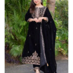 Luxnetics Thread Embroidery Work Winter Wear Velvet Suit for Women