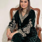 Zari Embroidery work Pakistani Velvet Kurti Pant Dupatta Set(Stitched)