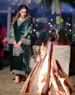 Zari Embroidery work Pakistani Velvet Kurti Pant Dupatta Set(Stitched) - Image 2