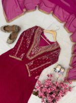 Premium Multi Color Embroidery Work Designer Velvet Kurti Pant Dupatta Set (Ready to Wear) - Image 4