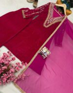 Premium Multi Color Embroidery Work Designer Velvet Kurti Pant Dupatta Set (Ready to Wear) - Image 8