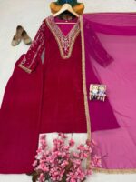 Premium Multi Color Embroidery Work Designer Velvet Kurti Pant Dupatta Set (Ready to Wear) - Image 3