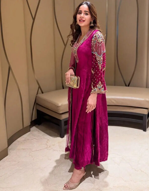 Premium Multi Color Embroidery Work Designer Velvet Kurti Pant Dupatta Set (Ready to Wear)