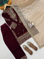 Real Moti Work with Sequence Embroidery Designer Velvet Kurti Pant Dupatta Set (Ready to Wear) - Image 4