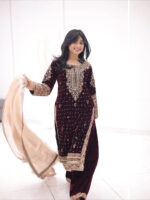Real Moti Work with Sequence Embroidery Designer Velvet Kurti Pant Dupatta Set (Ready to Wear) - Image 3