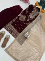 Real Moti Work with Sequence Embroidery Designer Velvet Kurti Pant Dupatta Set (Ready to Wear) - Image 8