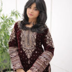 Real Moti Work with Sequence Embroidery Designer Velvet Kurti Pant Dupatta Set (Ready to Wear)