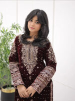 Real Moti Work with Sequence Embroidery Designer Velvet Kurti Pant Dupatta Set (Ready to Wear)