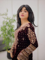 Real Moti Work with Sequence Embroidery Designer Velvet Kurti Pant Dupatta Set (Ready to Wear) - Image 7