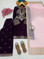 Sequence 5mm Embroidery Work Winter Special Designer Velvet Kurti Pant Dupatta Set (Ready To Wear) - Image 6