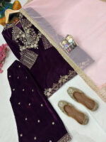 Sequence 5mm Embroidery Work Winter Special Designer Velvet Kurti Pant Dupatta Set (Ready To Wear) - Image 5