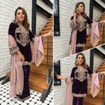 Sequence 5mm Embroidery Work Winter Special Designer Velvet Kurti Pant Dupatta Set (Ready To Wear) - Image 2