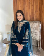 Sequence Coding Work Winter Special Designer Velvet Kurti Pant Dupatta Set (Ready to Wear) - Image 4