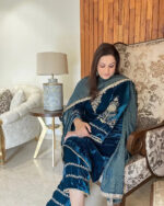 Sequence Coding Work Winter Special Designer Velvet Kurti Pant Dupatta Set (Ready to Wear) - Image 2