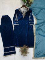 Sequence Coding Work Winter Special Designer Velvet Kurti Pant Dupatta Set (Ready to Wear) - Image 3
