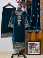 Sequence Embroidery Work 3Pc Ready to Wear Winer Special Velvet Kurti Pant Dupatta Set - Image 2