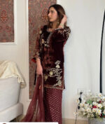 Sequence Embroidery Work Winter Special Velvet Kurti Pant Dupatta Set (Ready to Wear) - Image 4