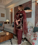 Sequence Embroidery Work Winter Special Velvet Kurti Pant Dupatta Set (Ready to Wear) - Image 7