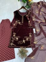 Sequence Embroidery Work Winter Special Velvet Kurti Pant Dupatta Set (Ready to Wear) - Image 8