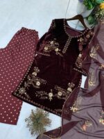 Sequence Embroidery Work Winter Special Velvet Kurti Pant Dupatta Set (Ready to Wear) - Image 3
