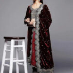 Sequence Neck Embroidery Work Winter Special Designer Velvet Kurti Pant Dupatta Set (Ready to Wear)